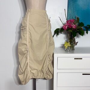 VINTAGE RARE Beige Ruched Midi Skirt with Gathered Hemline